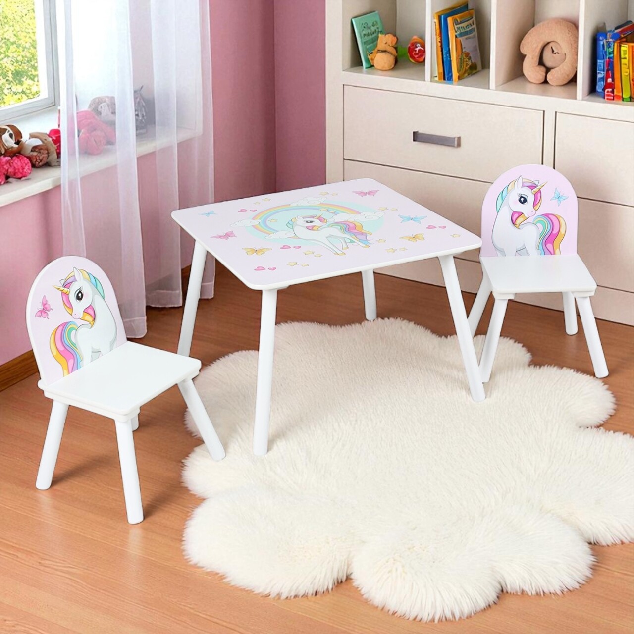 Set birou cu 2 scaune Unicorns, U-Grow, 60x60x44 cm / 26.8x26.8x51 cm, MDF/textil, alb/roz - imagine 6